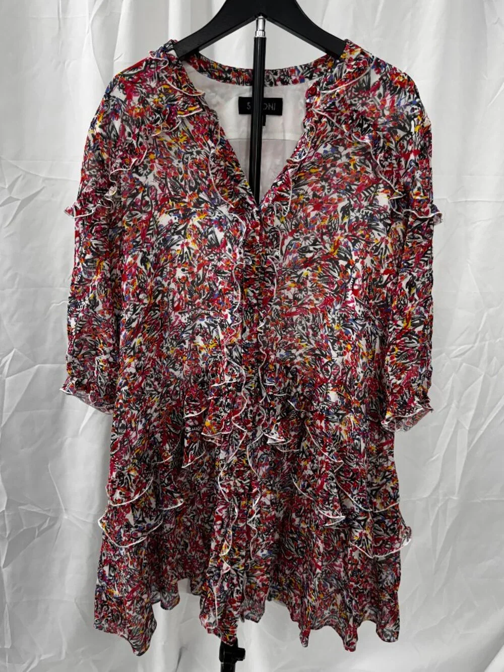 SALONI Tilly Silk Ruffled Mini Dress Pink White Floral 100% Silk Sz 8 - Picture 2 of 16